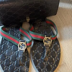 Gucci Black Sandals with Red and Green Straps